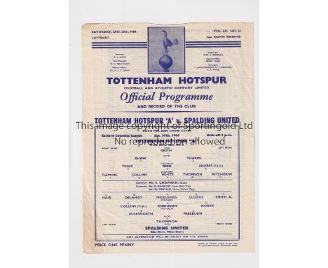 TOTTENHAM HOTSPUR      Single sheet programme for the home Eastern Counties League match v Spalding United 30/1/1960, slightl