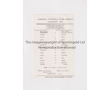 ARSENAL     Small single sheet programme for the home Southern Junior Floodlit Cup tie v Charlton Athletic 26/91967, slightly
