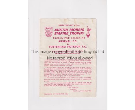 ARSENAL V TOTTENHAM HOTSPUR 1973 CRICKET MATCH       Programme for the match at Finsbury Park 29/7/1973, slightly creased and