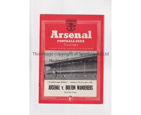 ARSENAL V BOLTON WANDERERS 1952 POSTPONED     Programme for the League match at Arsenal scheduled for 27/12/1952, slight hori