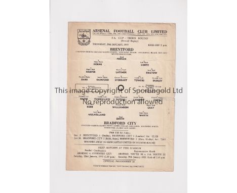 BRENTFORD V BRADFORD CITY 1955 FA CUP AT ARSENAL F.C.     Single sheet programme for the tie at Highbury 20/1/1955, slightly 