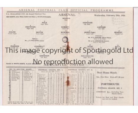 ARSENAL     Programme for the home FA Cup Replay v Newcastle United 19/2/1936 in the year Arsenal won the cup. Vertical creas