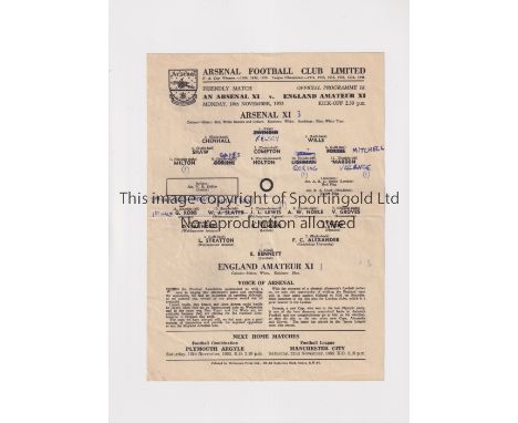 ARSENAL     Single sheet programme for the home Friendly v England Amateur XI 10/11/1952, slightly creased, team changes and 