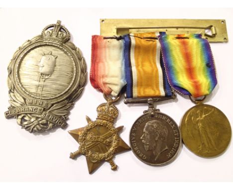 Three medals issued to K 17270 G Smedley STO 1 RN 1914 1919 including Mine Clearance Service badge 