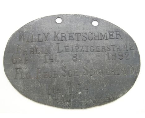 WWI Imperial German army dog tag for Willy Kretschner