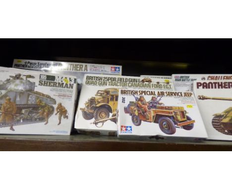 EIGHT TAMIYA AIR FIX MODELS OF MILITARY VEHICLES INCLUDING BRITISH AIR SERVICE, FIELD GUN TRACTOR, PANTHER TANK, BRITISH CHAL