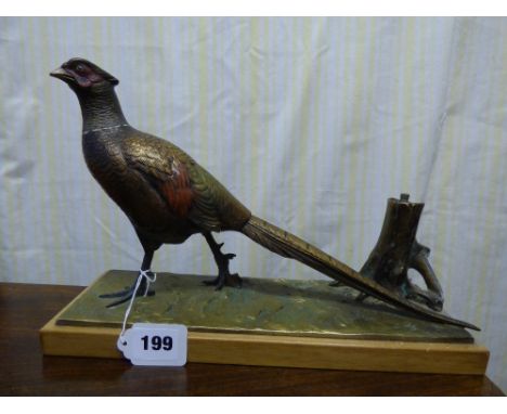 COLD PAINTED BRONZE NOVELTY TABLE LIGHTER IN THE FORM OF A STANDING PHEASANT ON PLINTH BASE 30CM X 20.5CM