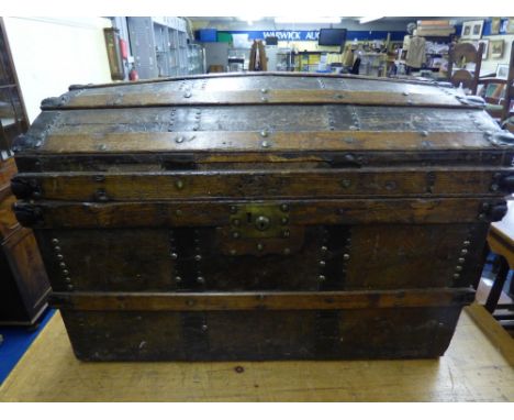 WOODEN BOUND DOMED CABIN TRUNK 82.5CM APPROX 