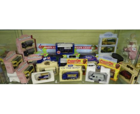 LARGE ASSORTMENT OF LLEDO ADVERTISING VANS, VINTAGE CORONATION STREET MODELS, BASKET LICORICE ALL SORT'S VAN IN TIN AND TWO C