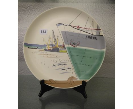 POOLE POTTERY DECORATIVE PLATE DEPICTING A HARBOUR SCENE WITH BOAT TITLED 'FREYA'