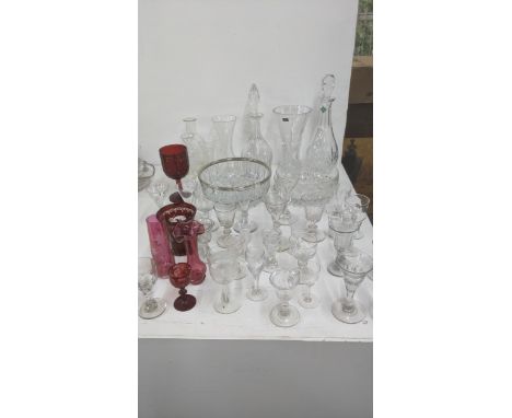 Mixed 19th century and later glassware to include a variety of sherry glasses, a 19th century ruby red glass goblets, crystal