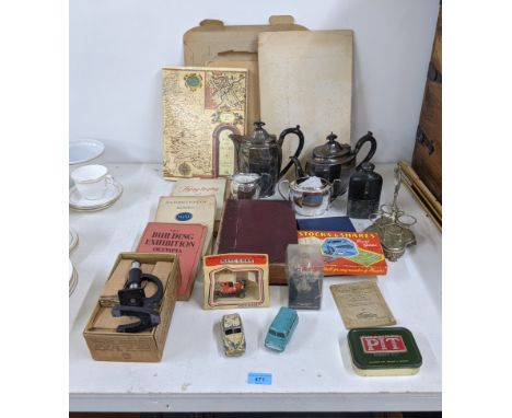 A mixed lot to include a silver plated teaset, hip flask, microscope, model cars, Lucas bulb, pictures, engravings and other 