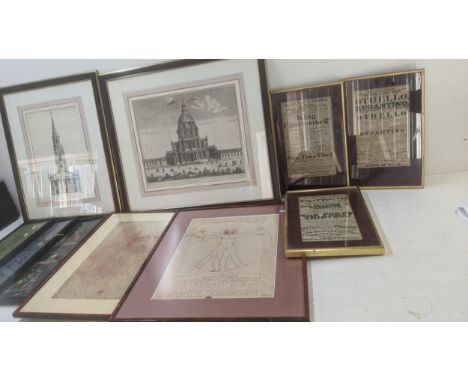 Mixed framed and glazed prints to include two Leonardo da Vinci framed prints, two architectural etchings and others Location