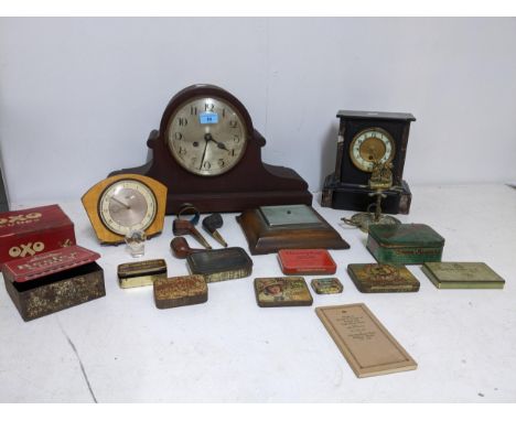 A miscellaneous lot to include a Victorian black slate and marble mantle clock, mahogany cased Napoleon hat clock, collection