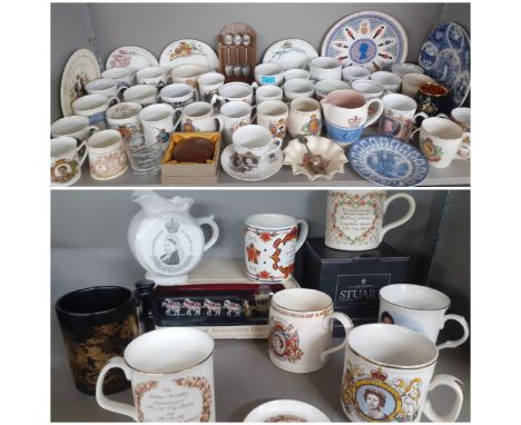 A collection of commemorative china to include mugs, a Poole ER II jug, a Royal Worcester 2002 mug, thimbles and plates toget