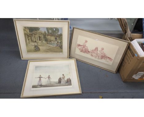 Three framed and glazed Sir William Russel Flint signed prints to include one example depicting a woman in a village sceneLoc