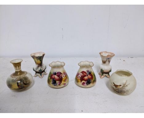 A group of Royal Worcester posy vases to include a pair of fruit painted vases, signed K Blake, and two Hadley Worcester vase