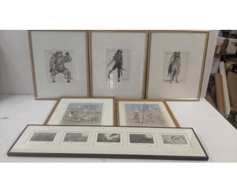 Mixed framed and glazed prints to include 5 monochrome etchings of cats and mice, together with two framed prints of seabirds
