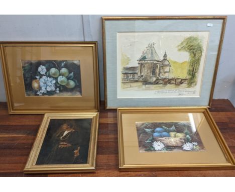 Mixed framed pictures to include an oil on canvas signed T M Hughes, a print depicting fruit in a bowl, signed E Chester and 
