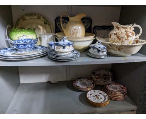 A quantity of Victorian ceramic table ware and wash bowls to include Ford & Sons blue and white Dudley pattern sauce tureen, 