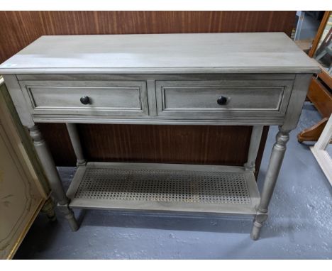 A mixed lot to include a grey painted two-drawer side table with cane undertier on turned legs 81cm  x 91cm x 33cm; a Victori