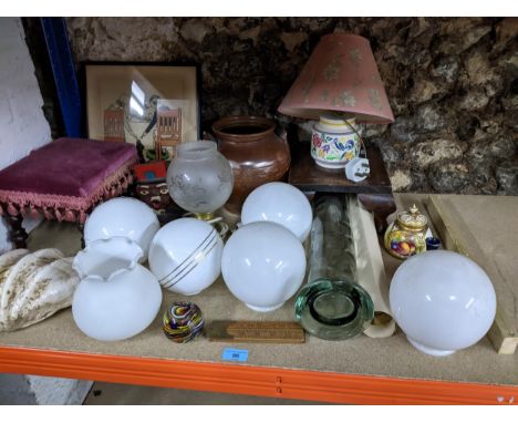 A miscellaneous lot to include a Cecil Aldin print, stools, a Moorcroft bud vase, light shades, Royal Worcester pot pourri ja
