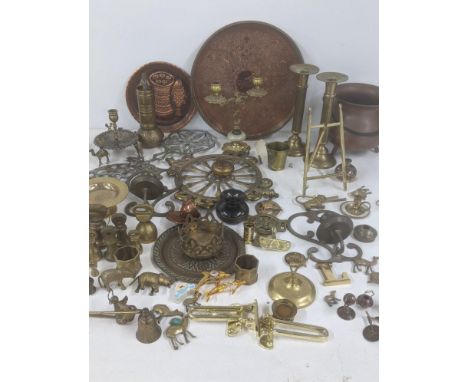 Mixed brassware and metalware to include scale weights, a pair of candlesticks, miniature items made from coins to include a 