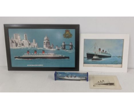 HMS related items to include a tapestry inscribed to the bottom Cunard Line, Queen Mary '81, 237 tons, together with a print 