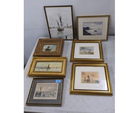 Seven boating/shipping scenes to include watercolours, an oil on board indistinctly signed, and an etching The Larg Bridge ov