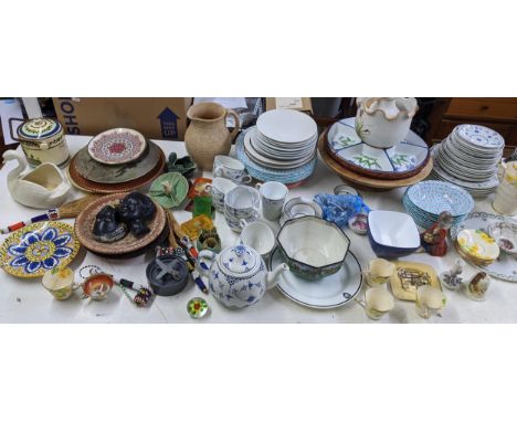 A large mixed lot to include a Torquay biscuit barrel, African beaded objects, Sylvac ashtray, Deco Phoenix ware tea set and 