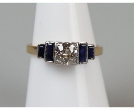 18ct gold Art Deco sapphire &amp; diamond ring - Centre stone approx .75ct