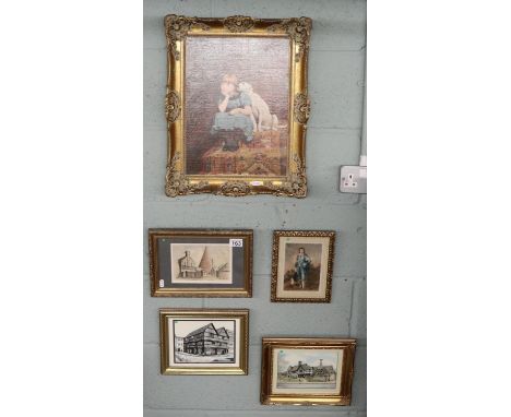 4 prints and oleograph in decorative gilt frame to include local interest
