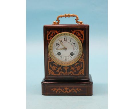 A 19th century French mantel clock, with enamelled dial, Japy Freres movement count-wheel striking on a bell, rosewood case i