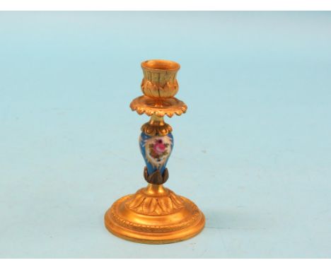 A small ormolu candlestick, classical style with painted porcelain stem, 5.5in. 