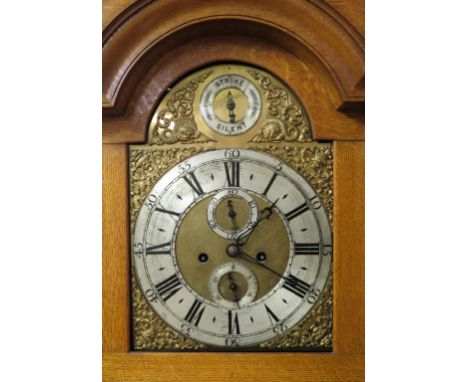 A George III oak 8-day longcase clock, unsigned, arched brass dial with subsidiary seconds and date-dial, matted dial centre,