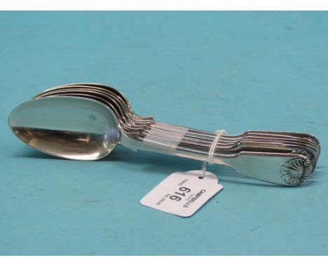 A set of five early Victorian silver fiddle and shell pattern dessert spoons, London 1847, and another, matching, London 1816