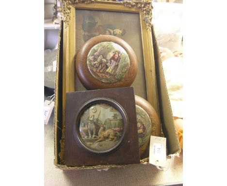 Three Victorian pot-lids, including Shepherd Boy, all framed, a memorial portrait miniature and five other framed pictures