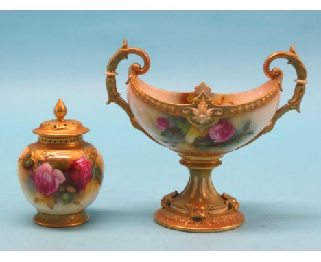 A Royal Worcester pedestal bowl, oval twin-handled shape painted with roses, shape H194, date indistinct, circa 1912, 7.5in. 