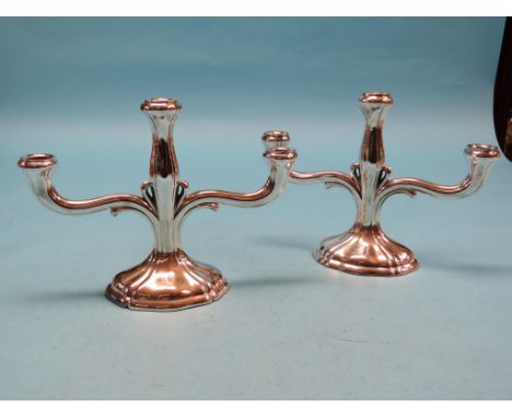 A pair of imported silver candelabra, three sconces, oval bases, one stamped .925, the other .835, 8.5in. - loaded, approx. 2