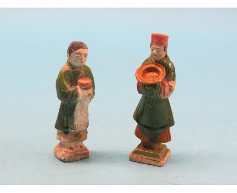 A pair of Ming-style ceramic figures, partly glazed, each male wearing green coat with a certificate of apparent Ming-period 