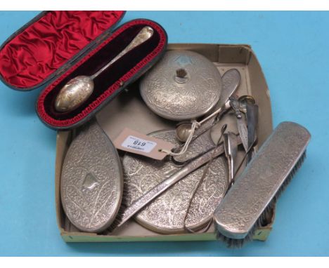 A Victorian engraved silver christening spoon, London 1893, in original fitted leather case, seven other items of silver flat