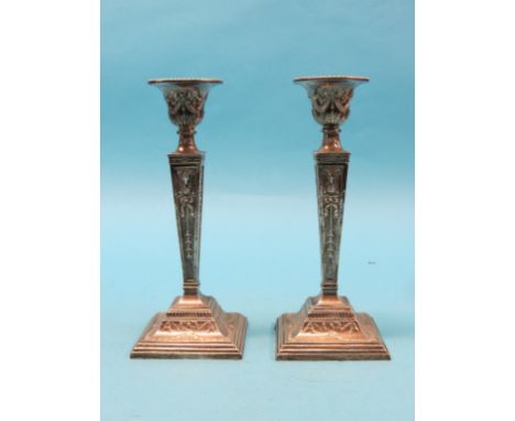 A pair of 19th century continental silver plated candlesticks, neo-classical style with square tapering stems, 12in. - hallma