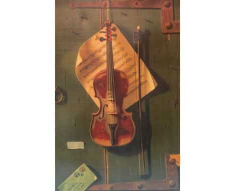After William Michael Harnett (1848-92) - oleograph on canvas, The Old Violin, violin, bow, sheet music and posted envelope d