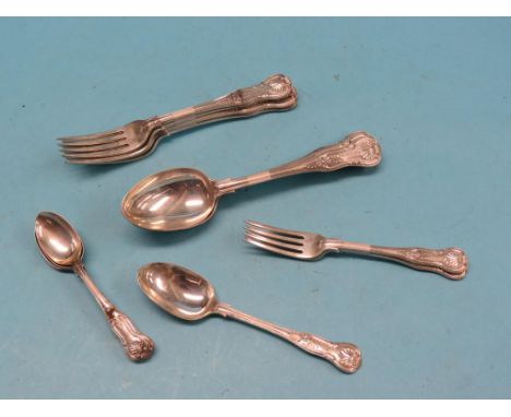 A part set of late Victorian silver King's pattern cutlery,  four tableforks, four tablespoons, three teaspoons, two dessert 