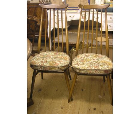 A set of four Ercol dining chairs, Goldsmith, Golden Dawn colour, stick-backs with loose cushions, clean 