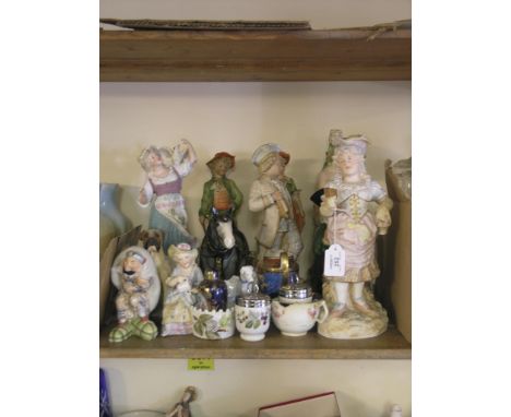 A Victorian John Bevington candlestick figure, two pairs of porcelain figures, Royal Doulton Toby Jug and other items