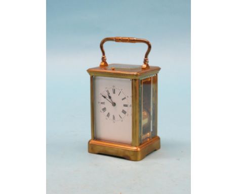 A French brass repeating carriage clock, with enamelled dial, Richard & Co. 8-day gong-striking movement, maker's stamp to ba