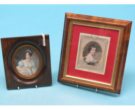 A portrait miniature, half-length female wearing tiara, pearwood frame, and an hand-coloured portrait engraving, framed 