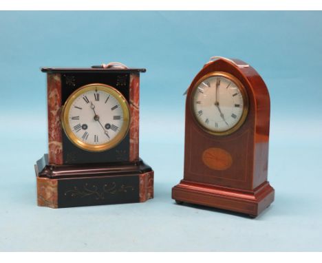 A Victorian black slate mantel clock, enamelled dial and French bell-striking movement, with key and pendulum, 9in. and an Ed