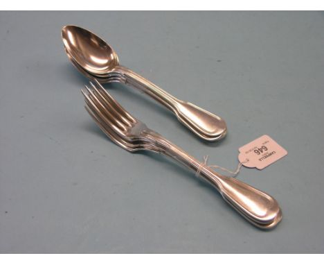 A part set of silver plated cutlery, five tablespoons, four tableforks, fiddle and thread pattern together with a set of thir